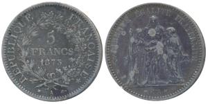 France, Third Republic, Silver 5 Francs, 24.96g, obv. Hercules standing facing between Lib