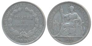 French Indo-China, Silver Piastre, 27g, 1903, obv. Liberty seated left, rev. denomination 