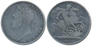 Great Britain, Silver Crown, George IV, 1821, rev. St. George slaying a dragon (KM 680.1).