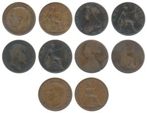 Great Britain, all different types Bronze Penny (5), Victoria (2), Edward VII, George V, &