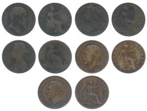 Great Britain, all different types Bronze Penny (5), Victoria (2), Edward VII, George V, &