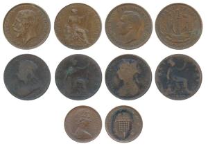 Great Britain, all different types Bronze ½ Penny (4), Victoria (2), George V, George VI; 