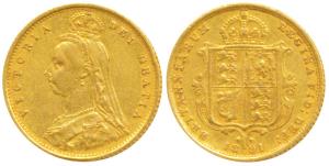 Great Britain, Victoria Queen, Gold ½ Sovereign, 4g, 1891, Jubilee head, Shield on rev. (K