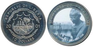Liberia, Copper Nickel $10, Mahatma Gandhi, 2001, coloured coin. In plastic case of issue,