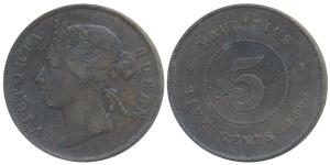 Mauritius, Victoria Queen Elizabeth II, Bronze 5 cents, 1897 (KM 9). Very Fine.