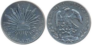 Mexico, Silver 8 Reales, Mexico City, 1894, eagle holding a snake in its beak (KM 377.10).