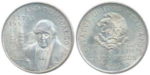 Mexico, Silver 5 Pesos 27.78g, 1953, Bicentennial of Hidalgo’s birth, obv. National arms, 