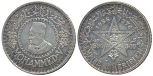 Morocco Under French Protectorate, Mohammed V, Silver 500 Francs, rev. crown within a star
