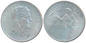 Romania, Mihai I, Silver 100000 Lei, 25.g, 1946, rev. a standing figure releasing a dove a
