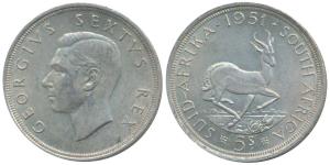 South Africa, George VI, Silver 5 Shillings, 28.28g, .800 fine, 1951 (KM 40.1). About Extr