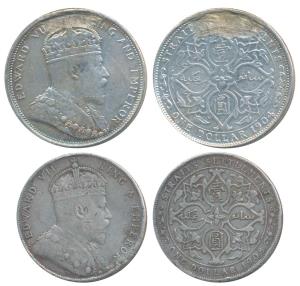 Straits Settlements, Edward VII, Silver Dollar, 26.88g, 1904; 20.1g, 1908, rev. artistic d