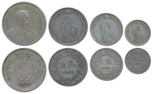 Switzerland, Silver 5 Francs, 2 Francs, Franc & ½ Franc, 1933, 1920, 1905 & 1920 (KM 40, 2