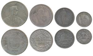 Switzerland, Silver 5 Francs, 2 Francs, Franc & ½ Franc, 1935, 1946, 1920 & 1929 (KM 40, 2