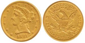 United States of America, Gold $5, 8.34g, 1881, Liberty head on obv., Motto ‘In God we tru