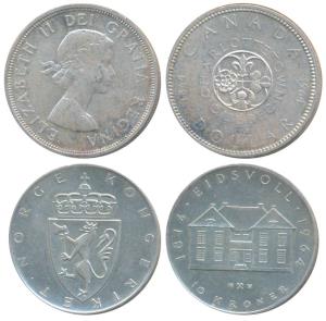 Canada, Silver Dollar, 23.3g, 1964, Charlottetown, (KM 58); Norway, Silver 10 Kroner, 20g,