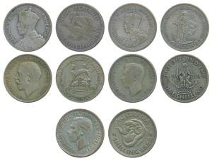 Silver Shilling, South Africa, George V, 1933; Half Silver Shilling (4), Australia, George