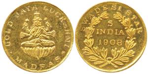 Gold Jaya Luckshmi, Madras Gold Token, 1.57g, obv. Lakhsmiji seated on a lotus, rev. Swade