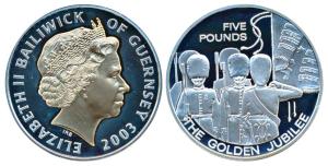 Bailiwick of Guernsey, Elizabeth II, Silver 5 Pounds, 28.28g, 2003, Queen's Golden Jubilee