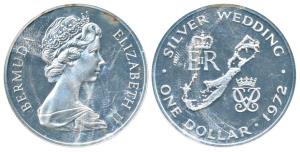 Bermuda, Elizabeth II, Silver Wedding, Silver Dollar, 27.84g, 1972 (KM 22). Uncirculated.