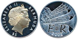 Bermuda, Elizabeth II, Silver 5 Dollars, 28.28g, 2002, 50th Anniversary of Accession of Qu