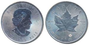Canada, Elizabeth II, Silver 5 Dollars, 31.1g, 1oz, 2015, rev. Maple leaf.