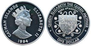 Cayman Islands, Elizabeth II, Silver 1 Dollar, 28.28g, 1994, 94th Anniversary of the Birth