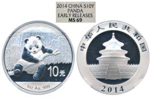 China, Silver 10 Yuan, 31.11g, 2014, Early Releases Panda, (KM 1980). Graded by NGC MS69, 