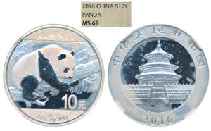 China, Silver 10 Yuan, 31.11g, 2016, Panda, (KM 1980). Graded by NGC MS69, Rare.