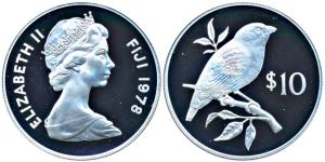 Fiji, Elizabeth II, Silver, 10 Dollars, 28.28g, 1978, Pink-billed parrot finch on a branch