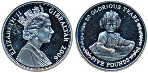 Gibraltar, Elizabeth II, Silver 5 Pound, 80 Glorious Years, 2006. Uncirculated.