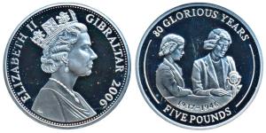 Gibraltar, Elizabeth II, Silver 5 Pounds, 2006 Commemorative issue 80 Glorious Years, 28.2