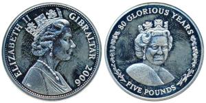 Gibraltar, Elizabeth II, 5 Pounds, 28.28g, 2006, Present Day Portrait 80 Glorious Years. U