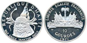 Haiti, Silver 10 Gourdes, 47.05g, Native American Chieftains Series - War Eagle Yankton Si