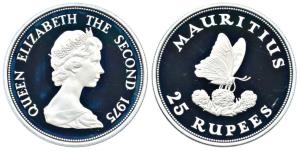 Mauritius, Queen Elizabeth II, Silver 25 Rupees, 28.28g, 1975, Blue Swallowtail (KM 40a). 