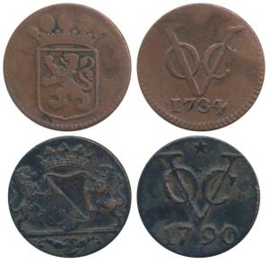 Netherlands East Indies, Copper Duit (2), obv. crowned arms, rev. VOC and date 1784 & 1790