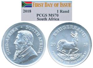 South Africa, Silver Rand, 1oz, 2018, Springbok running right. Graded by PCGS MS70, Rare.