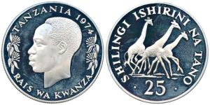 Tanzania, President J.K. Nyerere, Silver 25 Shilingi, 28.28g, 1974, Giraffes (KM 7a). Proo