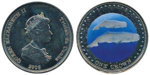 Tristan da Cunha, Elizabeth II, Copper-nickel 1 Crown, whales, 2008 (KM 34). Uncirculated.