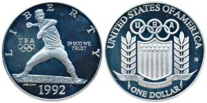 United States of America, 1 Dollar, 26.73g, XXV Olympiad 1992. (KM 234). Proof.