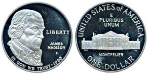 United States of America, Silver 1 Dollar, 26.73g, 1993, Bust of James Madison, in God we 