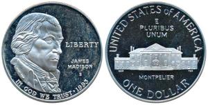 United States of America, 1 Dollar, 26.73g, Bill of Rights, Bust of James Madison, 1993. (