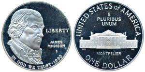 United States of America, Silver 1 Dollar, 26.83g, Bill of Rights Bust of James Madison 19