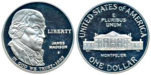 United States of America, James Madison, Silver Dollar, 26.73g, 1993, Bill of Rights, (KM 