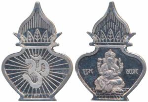 Silver Bar, Silver 30g, obv. Ganpatiji seated, rev. OM, die cut in shape of a Kalash, Mint