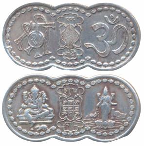 Silver Bar, 10g, obv. Ganpatiji seated and Gajalaxmi standing, Shub Labh with a yantra bet