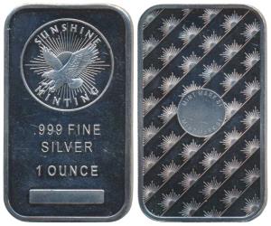 Silver Rectangle Bar, 31.1g, 1 ounce, Sunshine Minting. Extremely Fine.