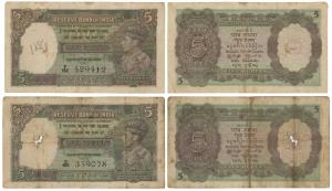 George VI, Rupees 5, 1st issue, 1938, signed J. B. Taylor; 1944, signed C. D. Deshmukh (J&