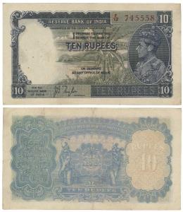 George VI, Rupees 10, 1st issue, 1938, signed J. B. Taylor, prefix F (J&R 4.5.1). Very Fin