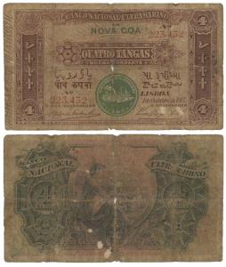 Indo-Portuguese, Quatro / 4 Tangas, 2nd issue, 1917, Banco Nacional Ultramarino, green sea