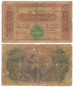 Indo-Portuguese, Quatro / 4 Tangas, 2nd issue, 1917, Banco Nacional Ultramarino, green sea